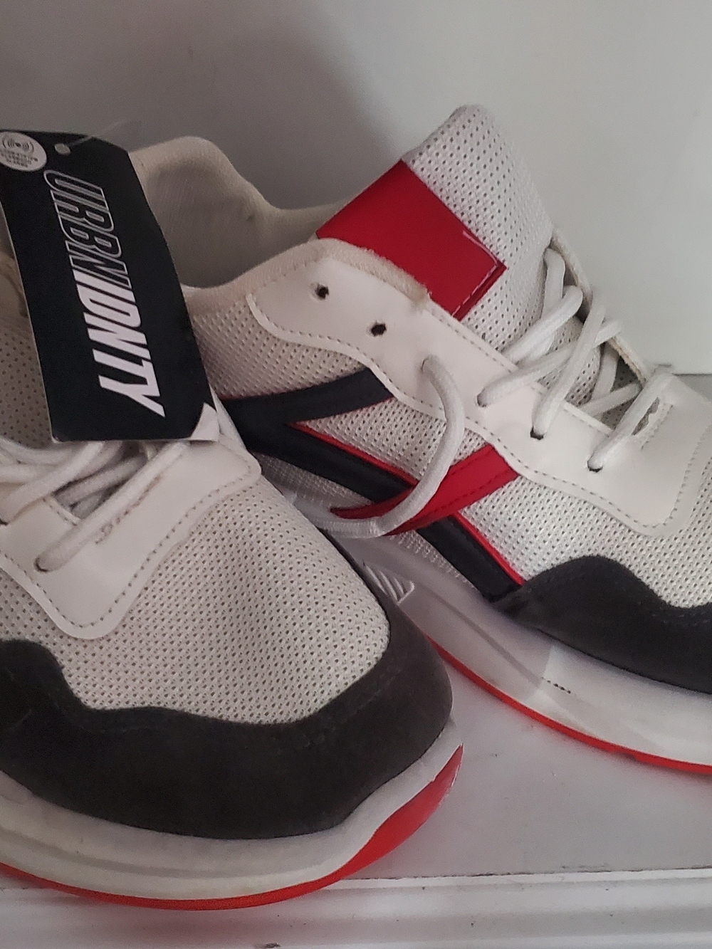 Women's White and Red Athletic Sneakers with Gray Accents